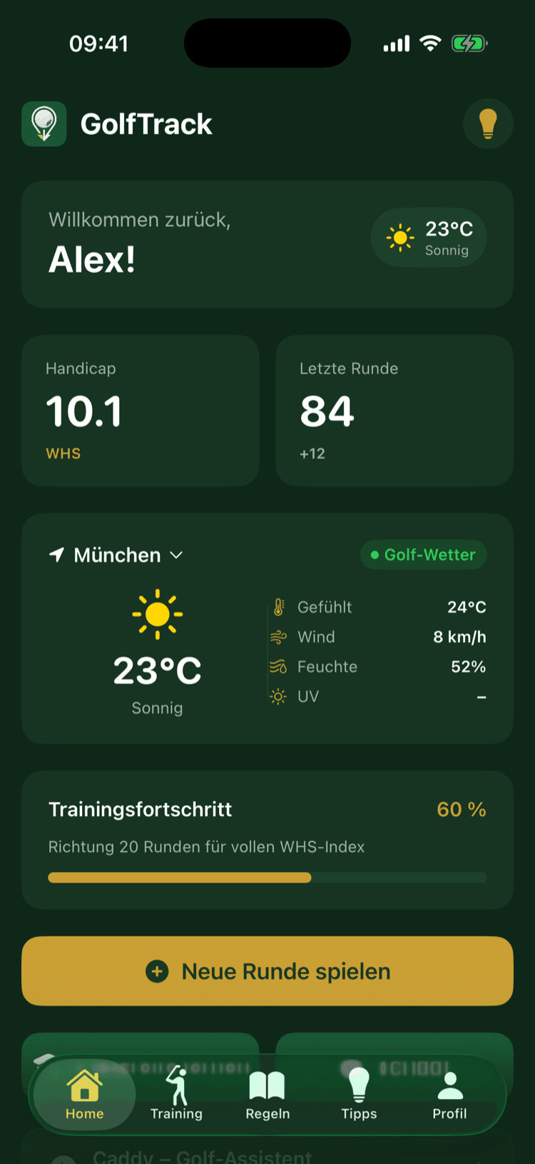 Startbildschirm von GolfTrack mit Handicap-Index, letzter Runde und Wetter am Platz