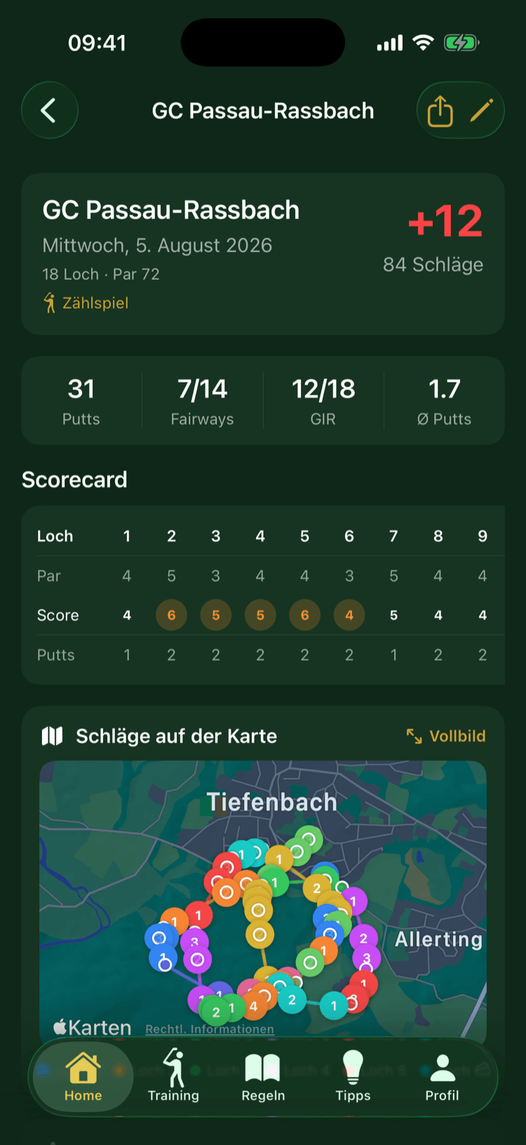 Rundendetail mit Scorekarten-Tabelle und Schlagkarte