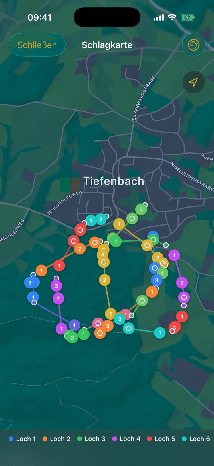 Schlagkarte im Vollbild mit den Positionen aller Schläge eines Lochs