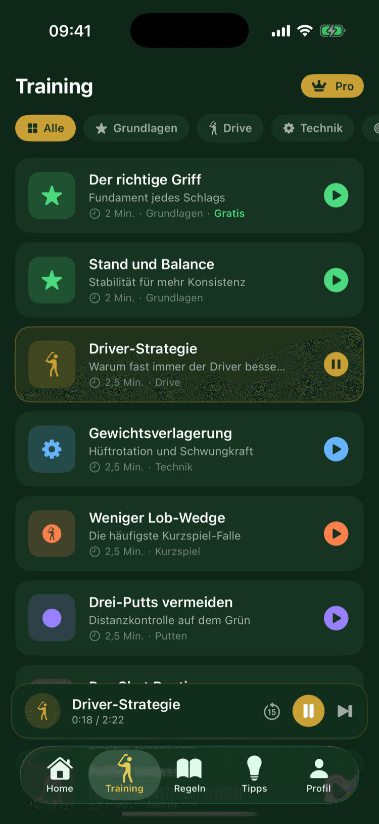 Audio-Trainings nach Kategorien, mit Fortschritt je Einheit