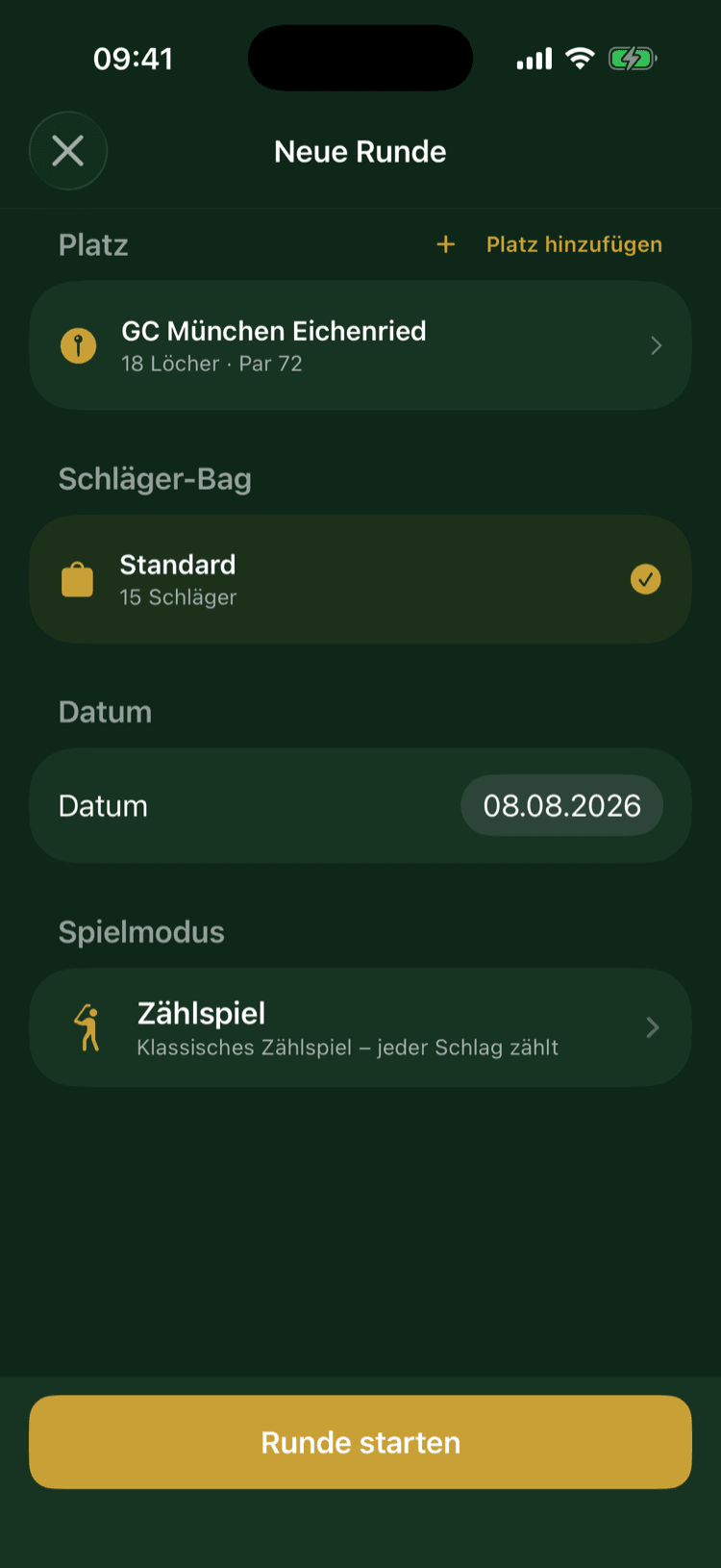 Runden-Setup mit Platzauswahl, Bag, Datum und Spielmodus