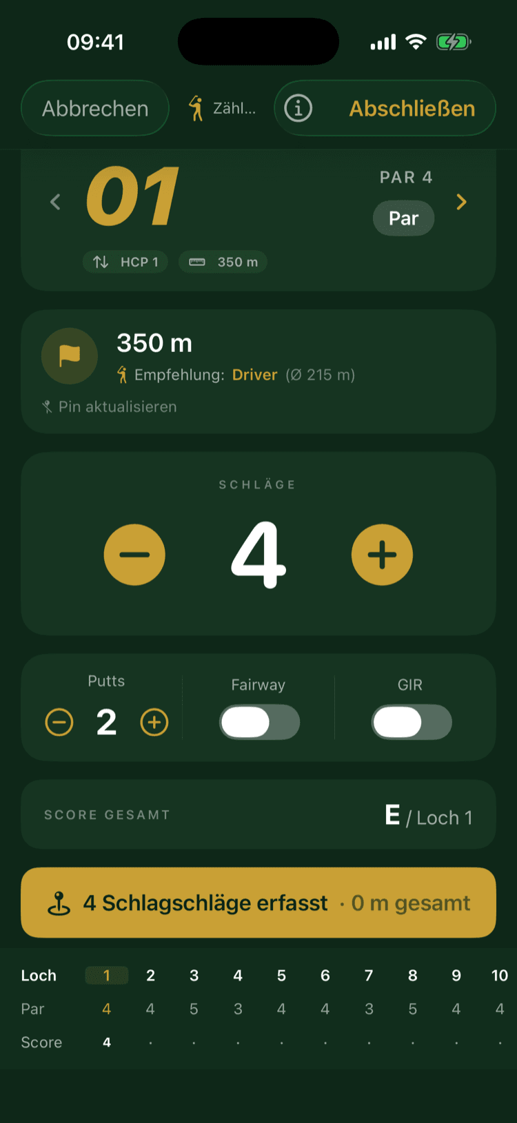 Loch-Ansicht mit eingeblendeter Mini-Scorekarte am unteren Rand