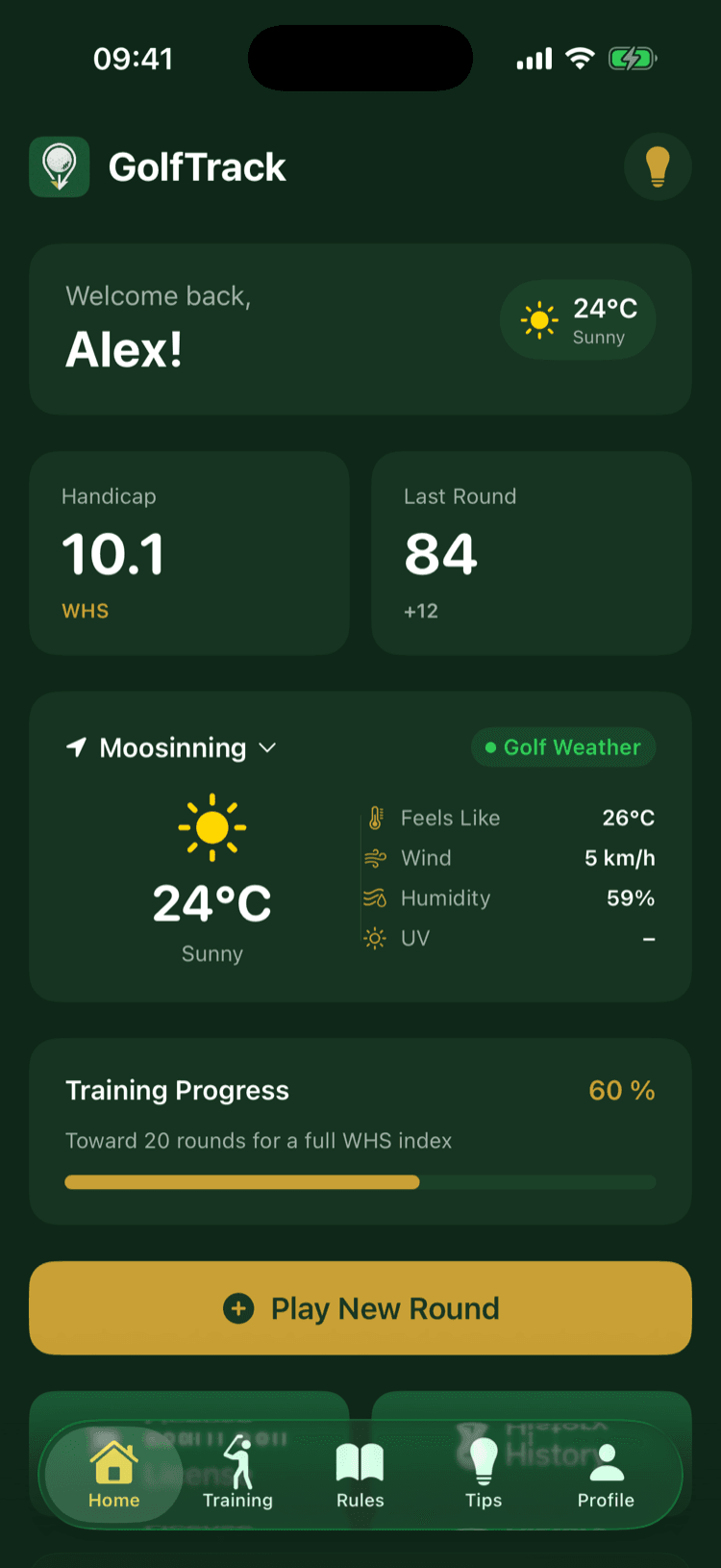 GolfTrack home screen with handicap index, last round and weather at the course