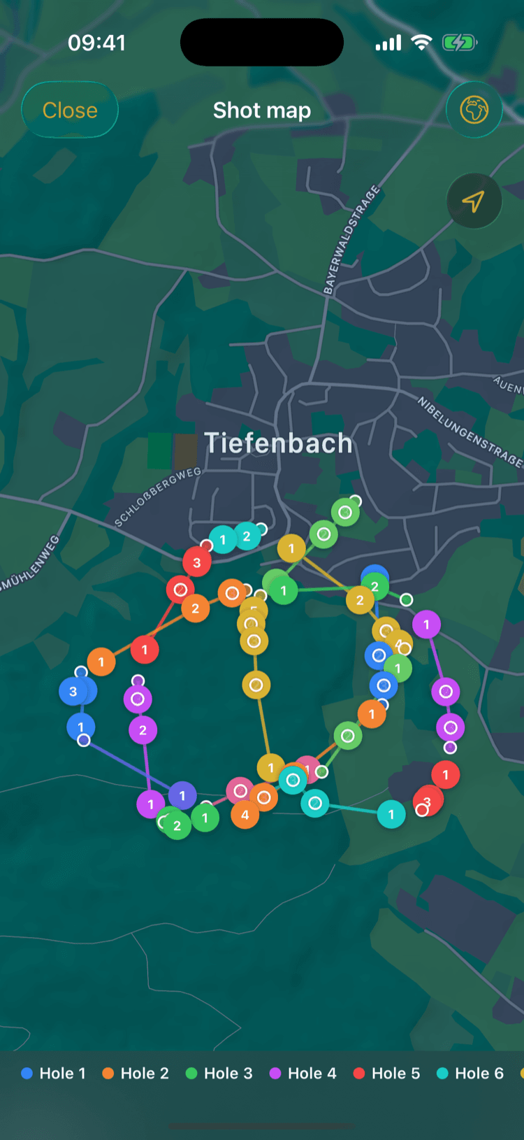 Full-screen shot map with the position of every shot on a hole