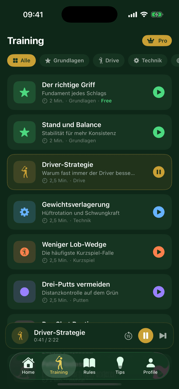 Audio lessons by category, with progress per lesson