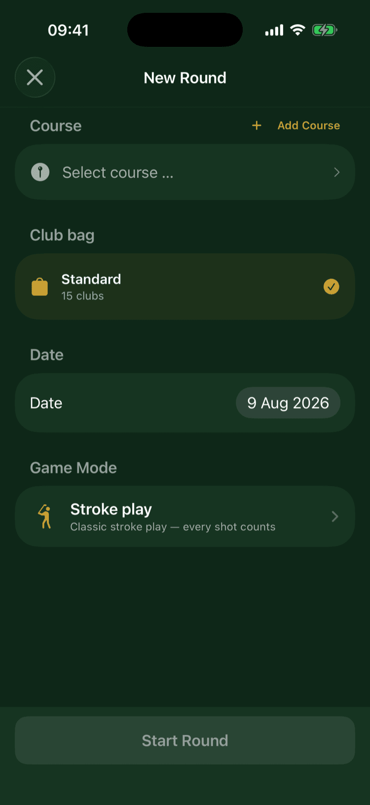 Round setup with course selection, bag, date and game mode